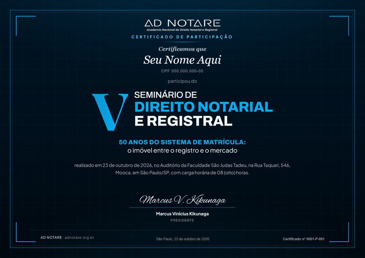 Modelo do certificado de participa��o do V Semin�rio de Direito Notarial e Registral, emitido pela AD NOTARE